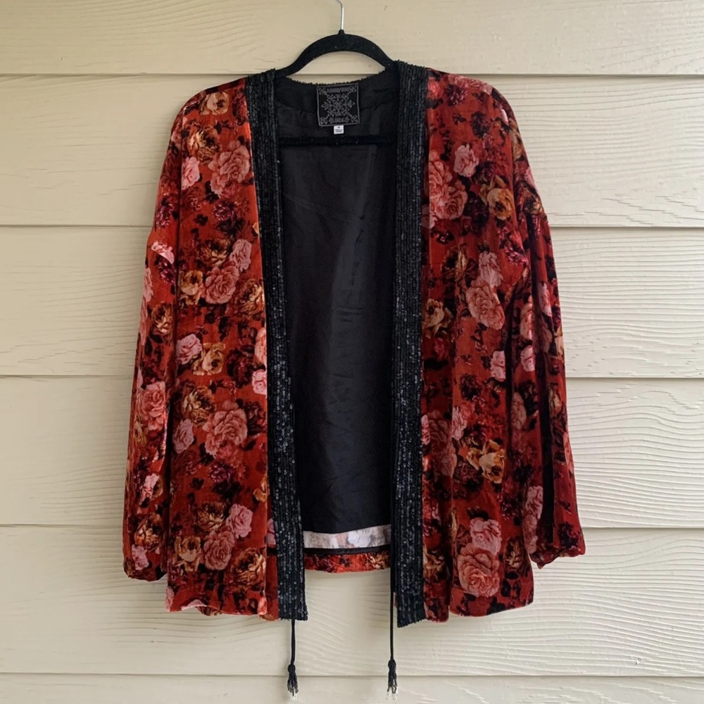 Johnny Was Billie Kimono cardigan Medium Floral Velvet tassel Sequins Blazer